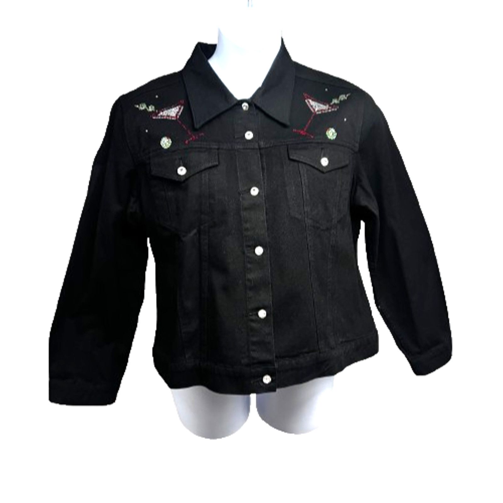 Vintage Embellished Black Denim Bling Button Up Jacket XL Cocktails Size XL / US 12-14 / IT 48-50 - 2 Thumbnail