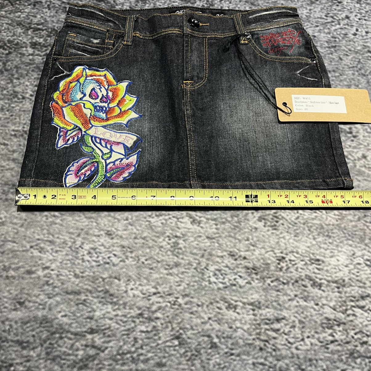 Ed Hardy Vintage Y2K Ed Hardy Cyber Grunge Goth Denim Mini Skirt NEW Size 29" - 10 Thumbnail