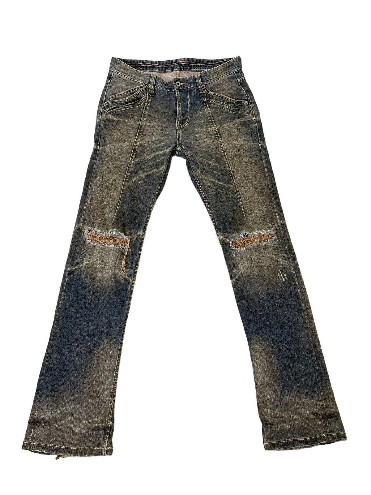 Japanese Brand Flare Jeans Nicole Club Distress Honeycomb Stretch Slim 7🟦7 Size US 33 - 2 Thumbnail