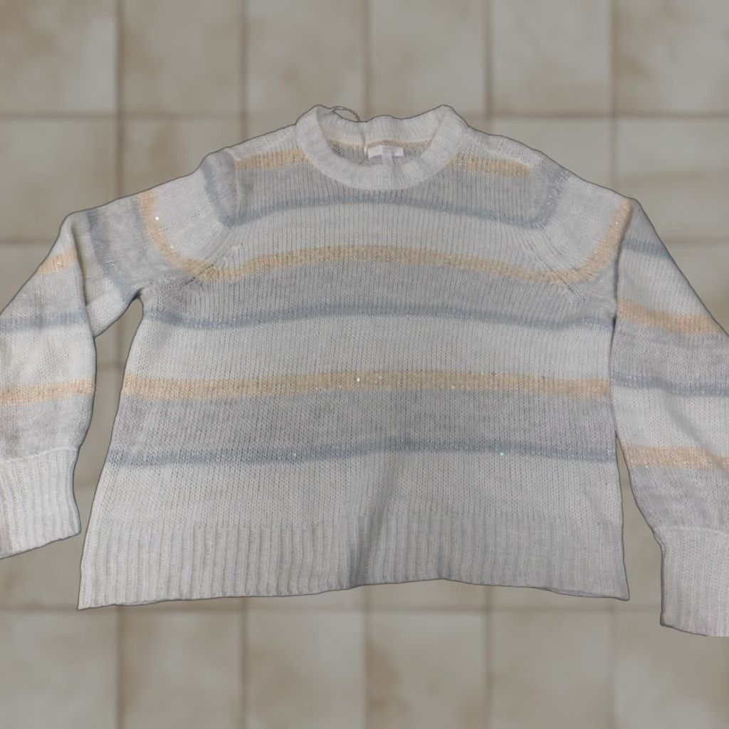 Vintage LC Lauren Conrad Womens Sweater XL gray striped pullover crew neck rib knit stretch Size XL / US 12-14 / IT 48-50 - 1 Thumbnail