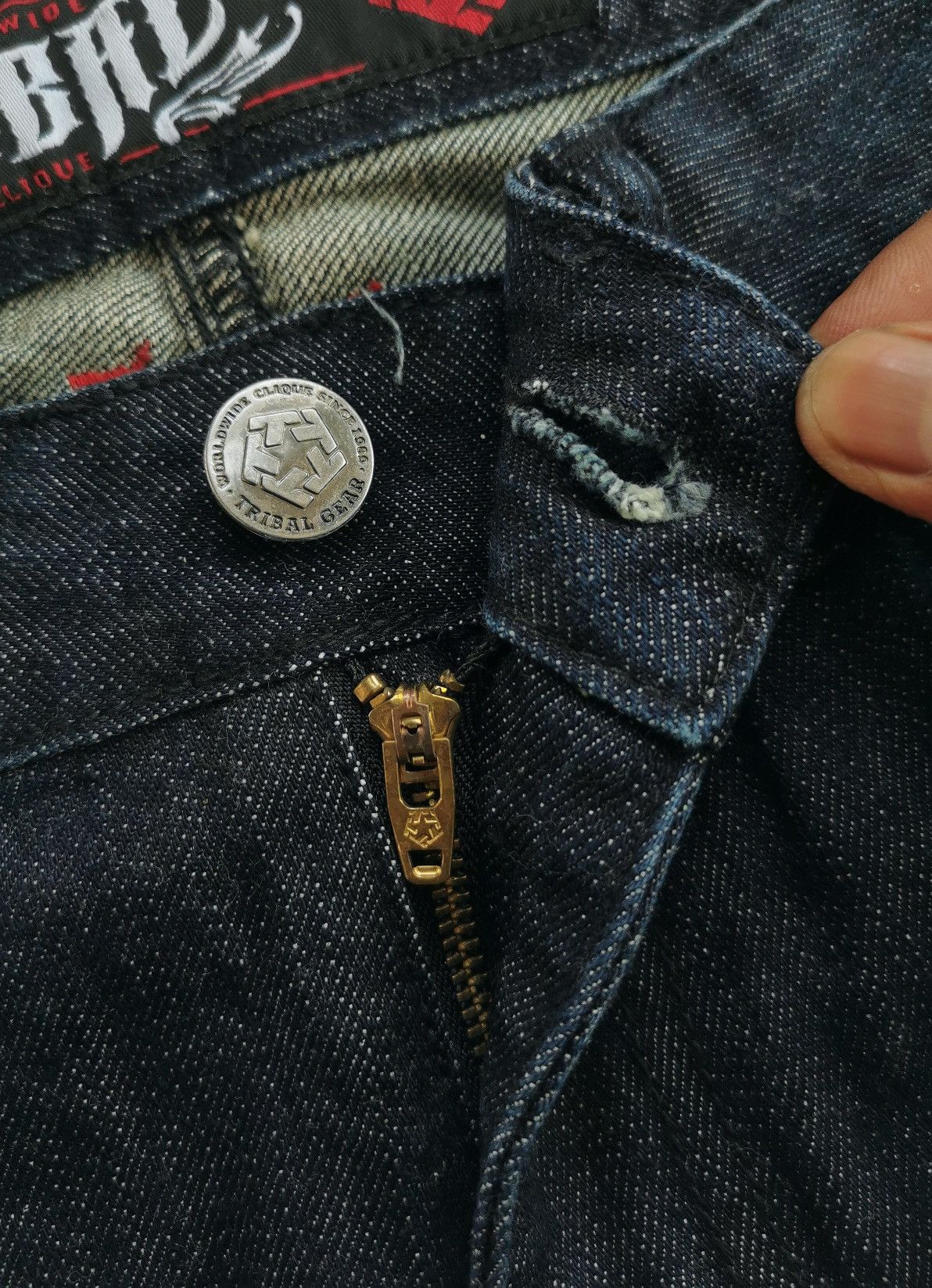 Tribal Streetwear Vintage Tribal Cross Embroidery Dark Blue Denim Jeans Size US 33 - 7 Thumbnail