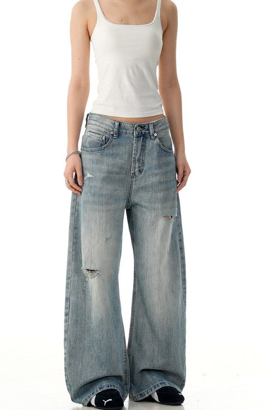 Vintage American men's retro distressed straight ripped curved jeans Size US 32 / EU 48 - 2 Thumbnail