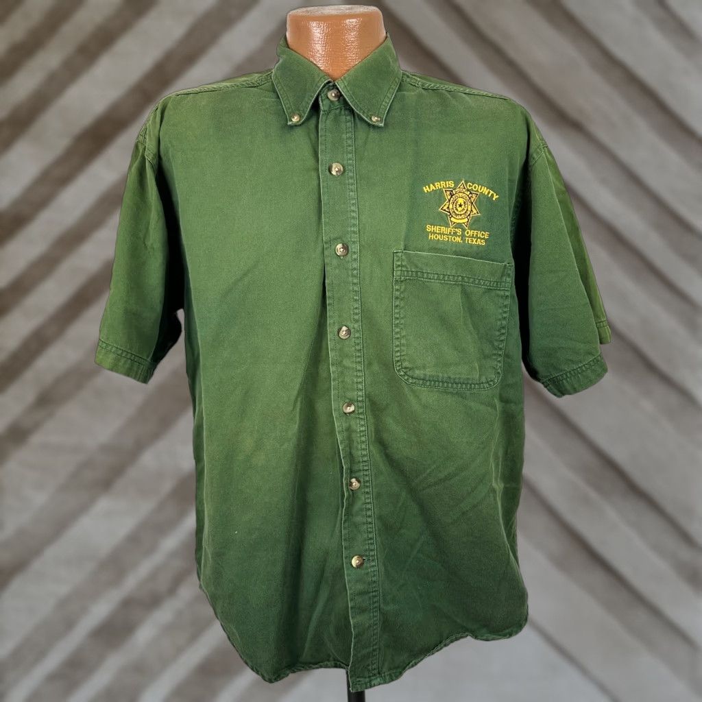 Olive VINTAGE Police Shirt Sheriff Badge Button-Down Olive Green M Men Cotton Twill Embroidered 90s Sheriff Department Flag Accent, US Styling Size US M / EU 48-50 / 2 - 1 Thumbnail