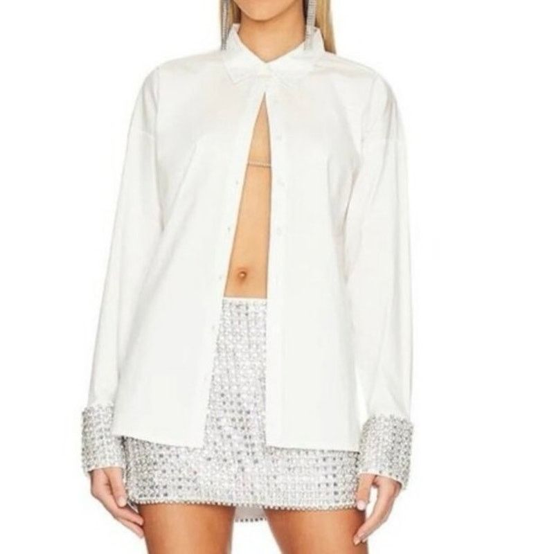 Retrofete Retrofete Katie Rhinestone Cuff Button Down Top White Silver Size M / US 6-8 / IT 42-44 - 7 Thumbnail