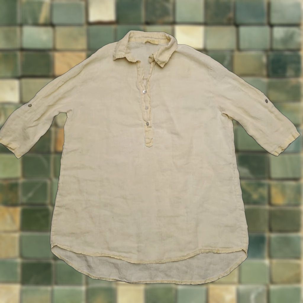 Vintage JS Millenium Shirt Womens L Yellow Linen Tunic Coastal Button-Up 3/4 Sleeve Collared Bohemian Nature Casual Women Size L / US 10 / IT 46 - 1 Thumbnail