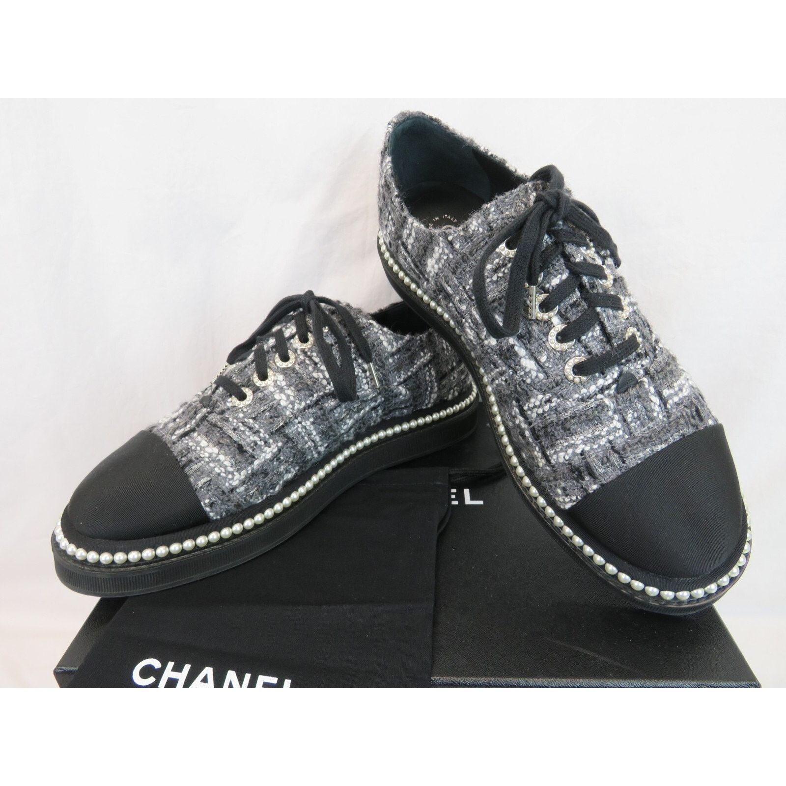 Chanel CHANEL G32357 GRAY TWEED CC LOGO PEARLS FLATS OXFORDS 41.5 Size US 11.5 / IT 41.5 - 3 Thumbnail