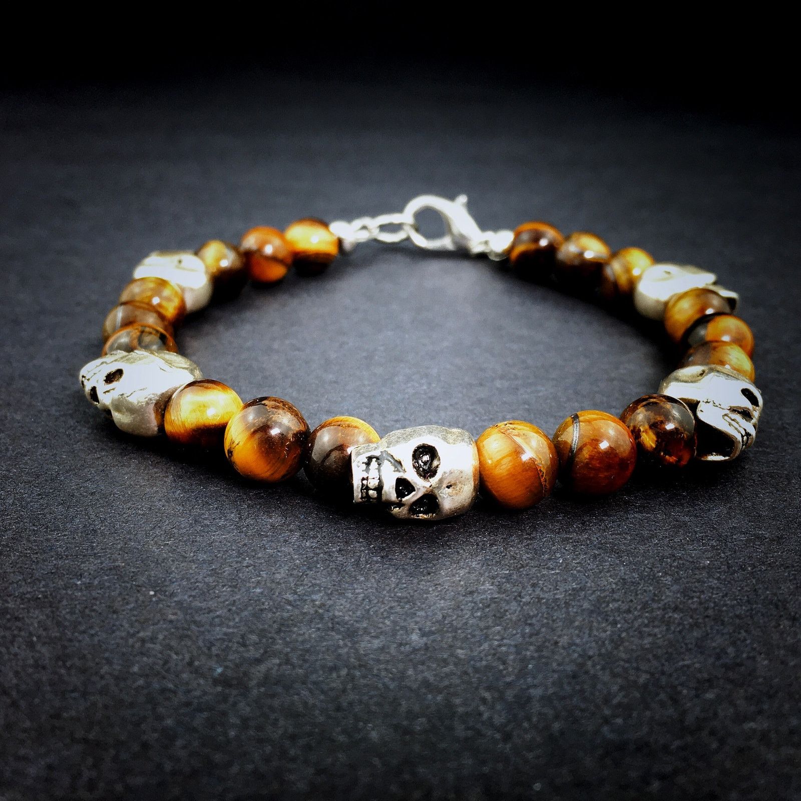 Handmade 💀Silver Skull and Genuine Tiger’s Eye Beaded Bracelet Size ONE SIZE - 1 Thumbnail