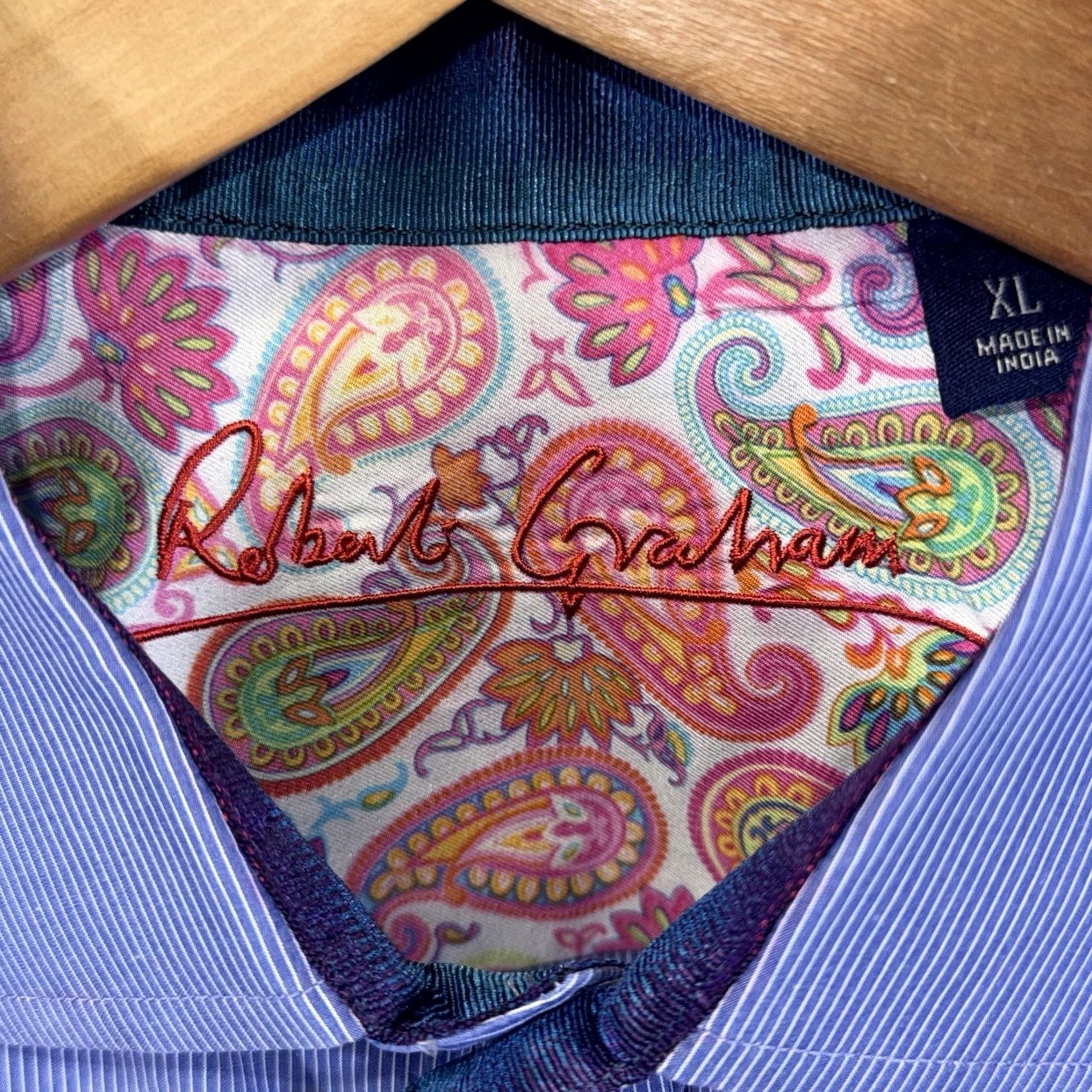 Robert Graham VINTAGE Robert Graham Shirt Mens XL Blue Pinstripe Contrast Paisley Cuffs Long Sleeve Size US XL / EU 56 / 4 - 4 Thumbnail