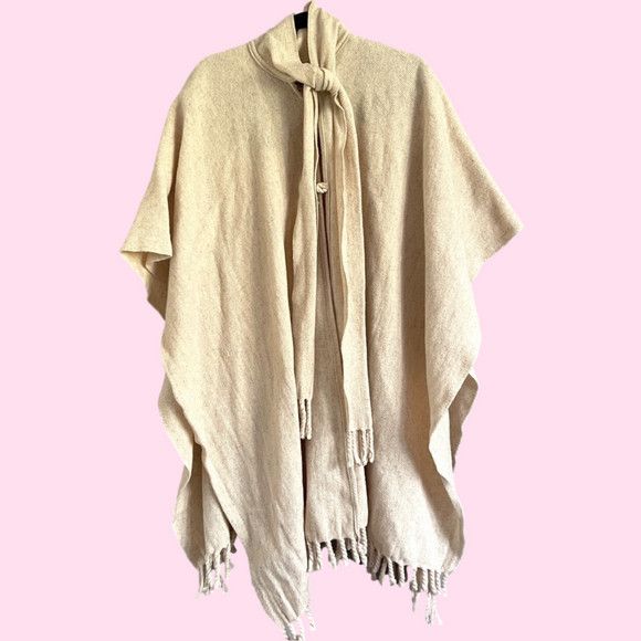 Vintage Ivory Wool Fringed Cape w/ Scarf Coat - O/S, Reversible Size ONE SIZE - 10 Thumbnail