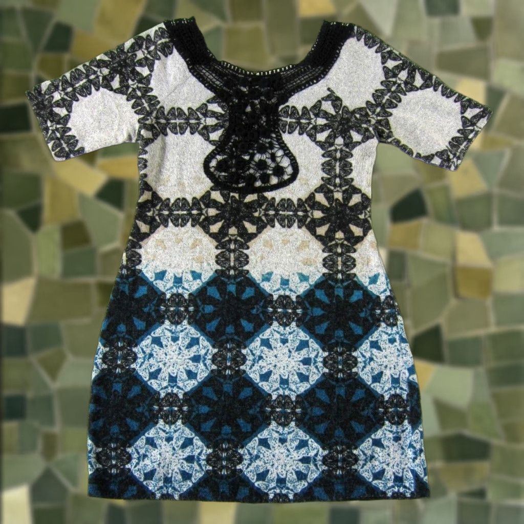 Vintage Angie Black Grey Blue Brown Knit Stretch Embroider Short Sleeve Sweater Dress M Size M / US 6-8 / IT 42-44 - 1 Thumbnail