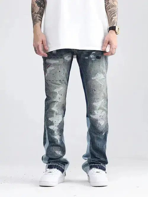 Japanese Brand VIBE Blue Speckle ink Destroyed Flared Jean Size US 33 - 1 Thumbnail