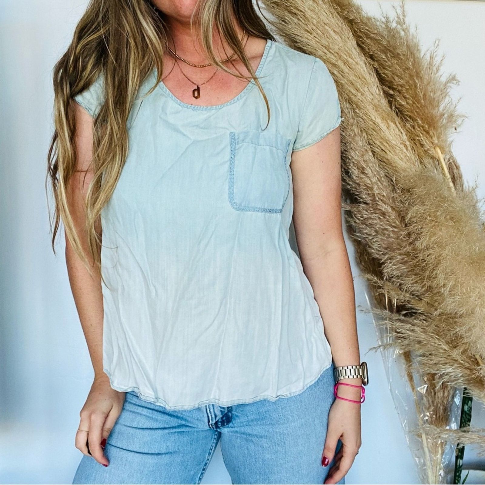 Anthropologie ANTHROPOLOGIE Blue Chambray Ombre Denim Tee Shirt Blouse Top Size S / US 4 / IT 40 - 5 Thumbnail