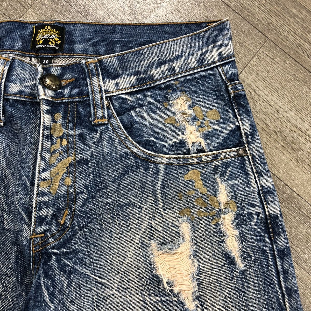 If Six Was Nine × Japanese Brand × Le Grande Bleu (L.G.B.) 2000s Legend Of Glamour Distressed Painted Faded Y2K Jeans Size US 31 - 8 Thumbnail