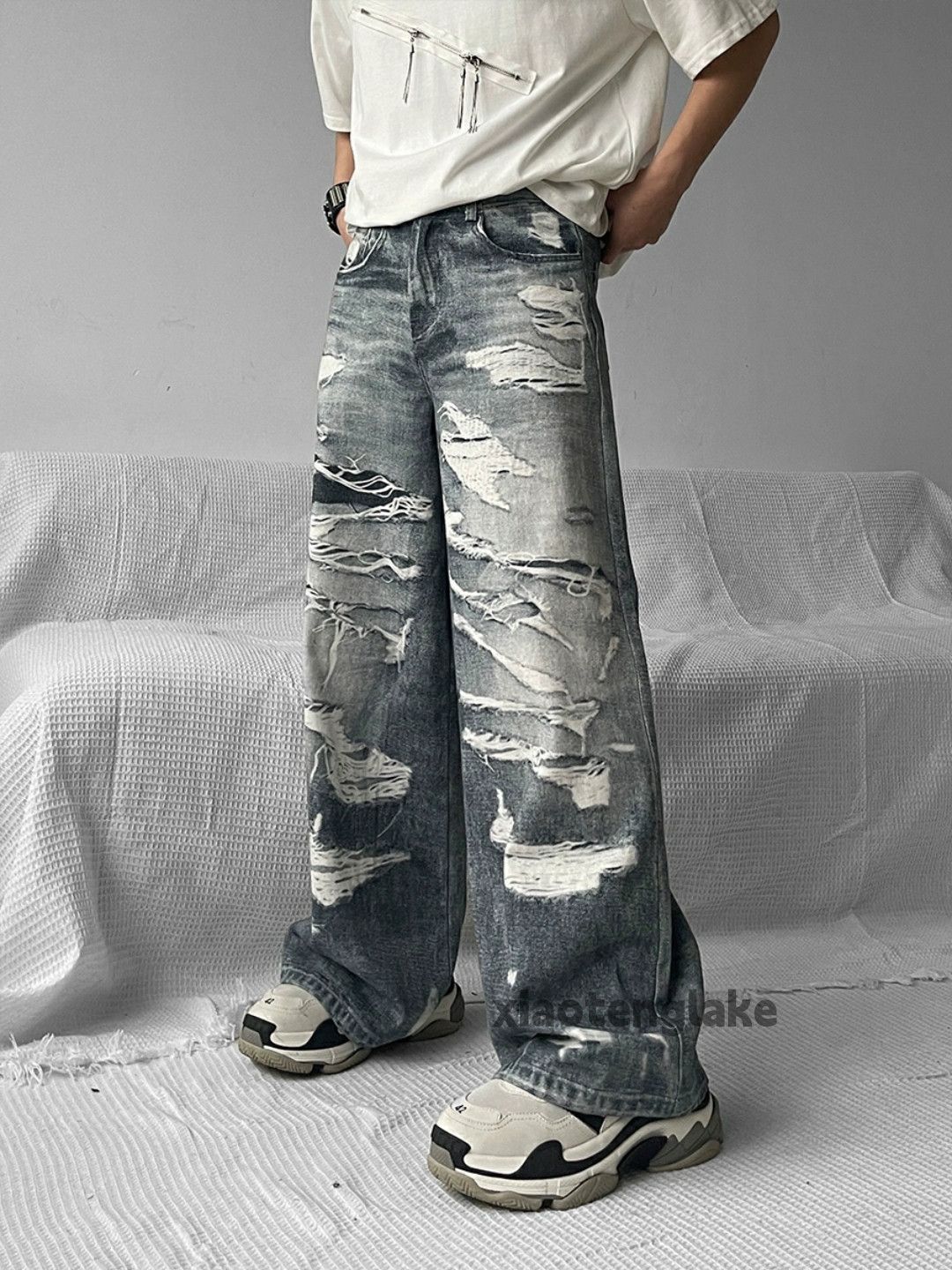 Jean × Vintage washed faded loose baggy pattern damaged baggy jeans Size US 30 / EU 46 - 2 Thumbnail