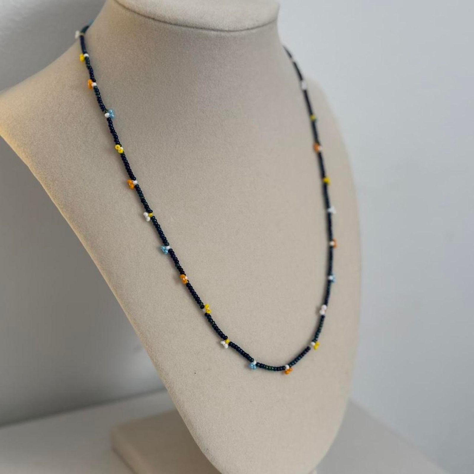 Other Black Beaded Necklace Yellow White Beads Handmade Unique Size ONE SIZE - 2 Thumbnail