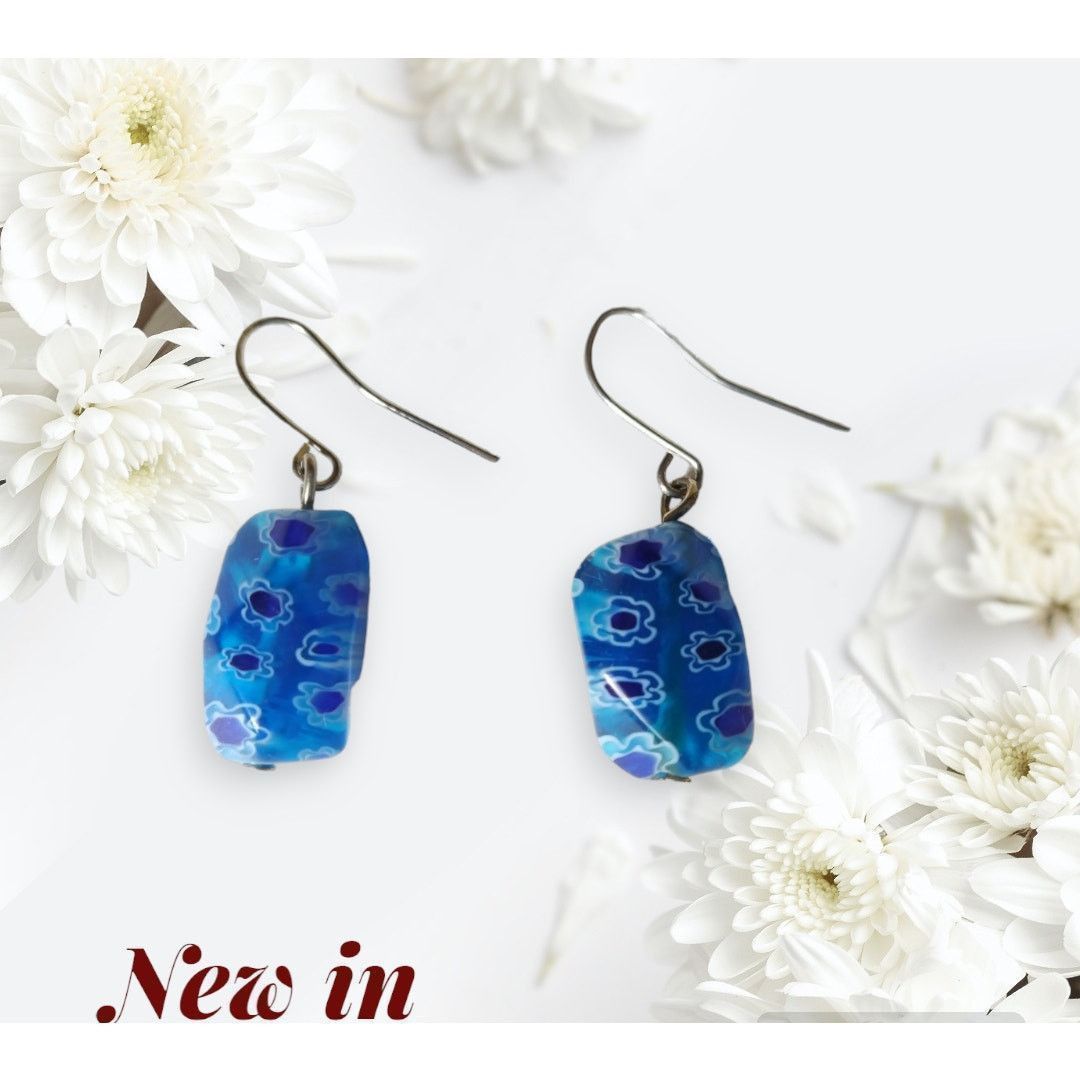 The Unbranded Brand Millefiori Glass Bead Aqua Royal Blue Dangle Drop Earrings Size ONE SIZE - 1 Thumbnail