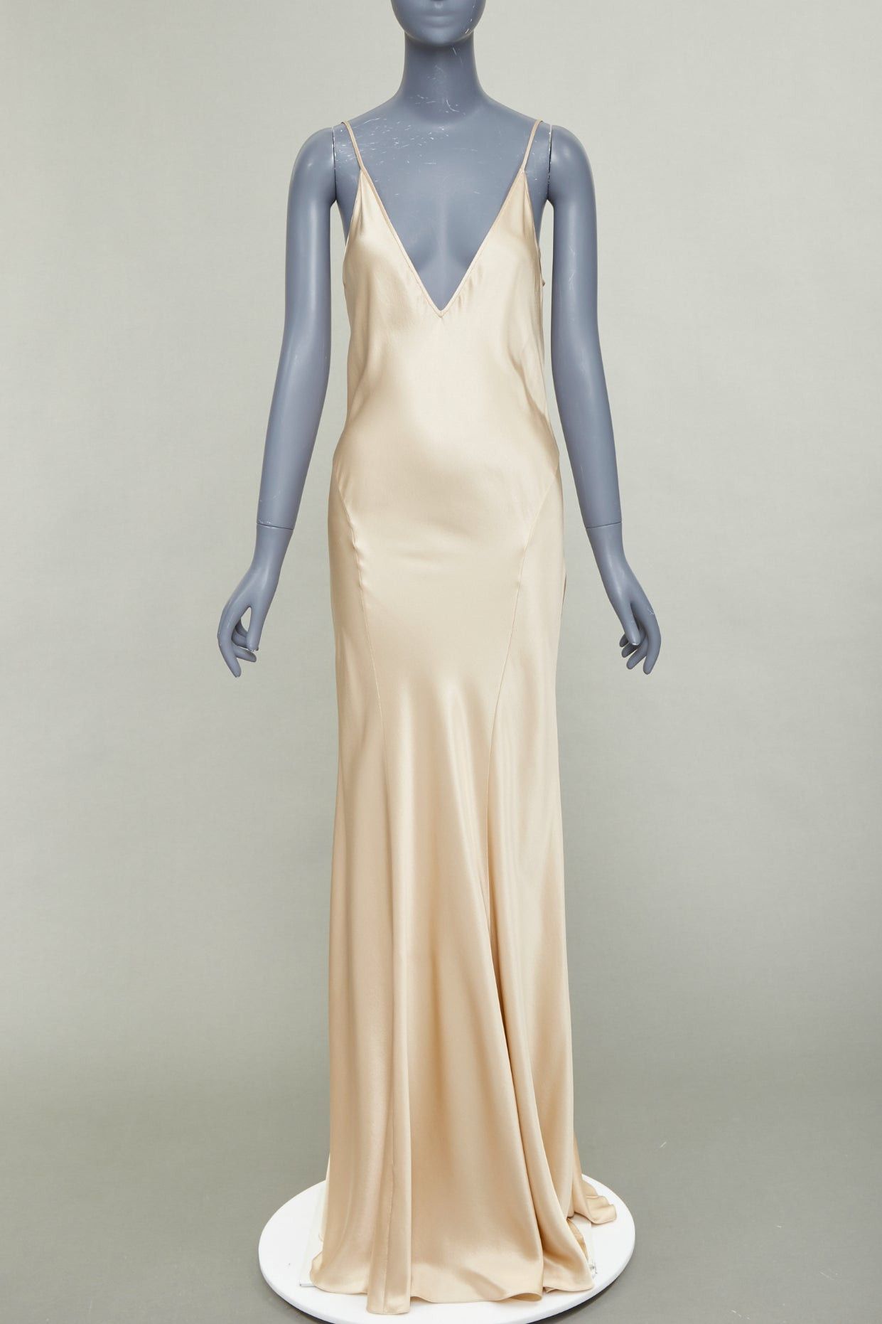 SAINT LAURENT 2024 rose champagne satin plunge contour panel slip gown FR36 S