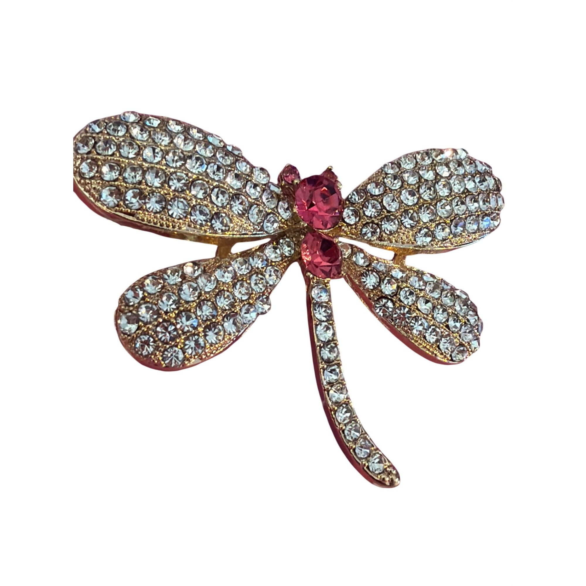 Other Gold Tone Dragonfly Pin Brooch Clear Pink Rhinestones 1.75" Size ONE SIZE - 2 Thumbnail