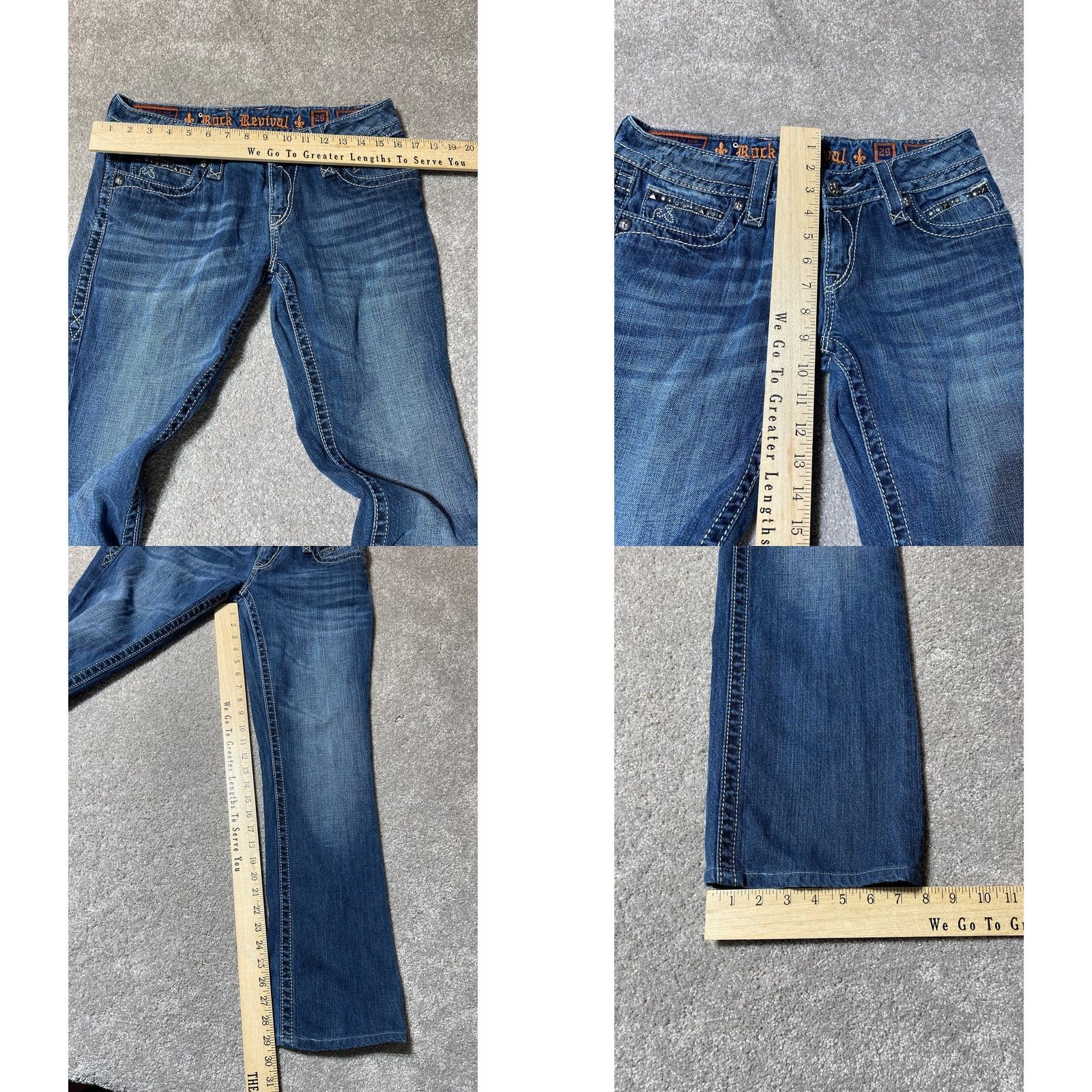 Vintage Rock Revival Jeans 29 Noelle Y2K Western Moto Americana Rockabilly Bootcut Denim 5-Pocket Womens Regular Size 29 Blue Solid Studded Button Zip Size 29" - 8 Thumbnail