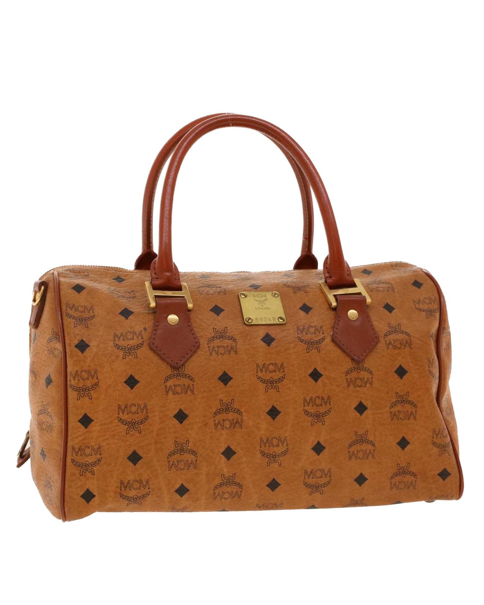 image of MCM Visetos Classic Brown Canvas Boston Bag, Women's
