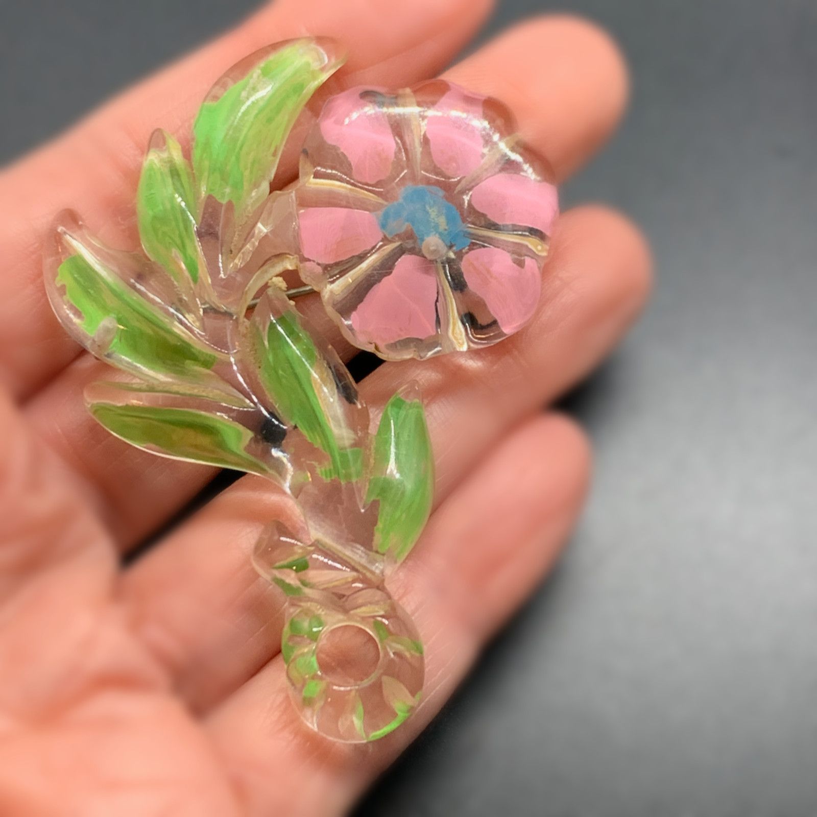 Vintage Vintage Reverse Carved Lucite Pink Flower Brooch Pin 2.5" Size ONE SIZE - 4 Thumbnail