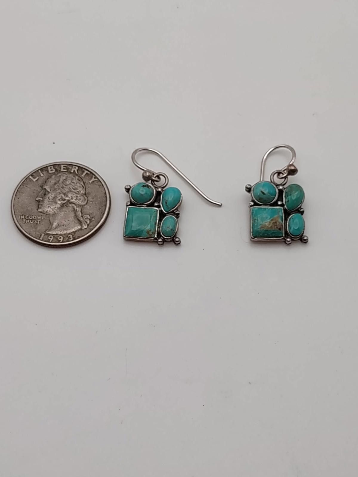 Other Sterling Silver Turquoise Cluster Dangle Earrings Size ONE SIZE - 3 Thumbnail