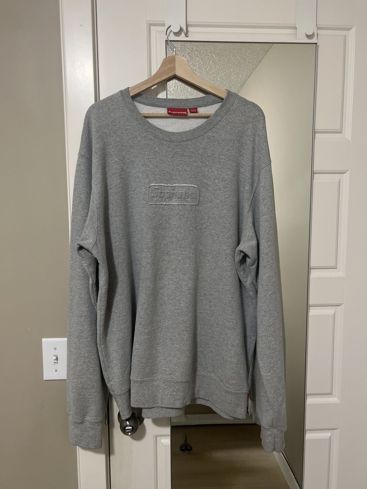 image of Supreme Cutout Logo Crewneck in Grey, Men's (Size XL)