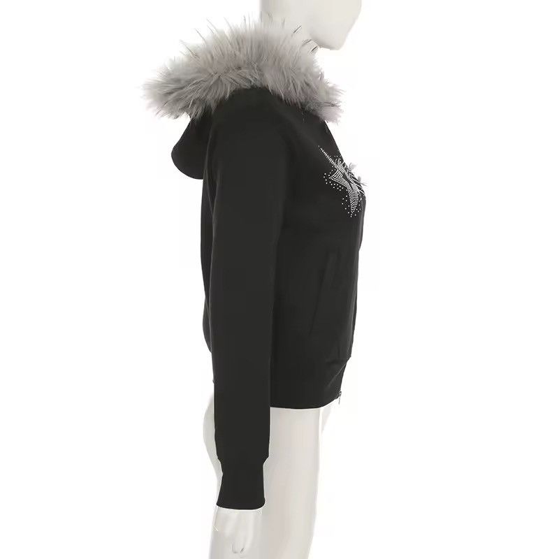 Other Y2k Rhinestone Fur Hooded Jacket Zipper Hoodie Retro Size S / US 4 / IT 40 - 3 Thumbnail