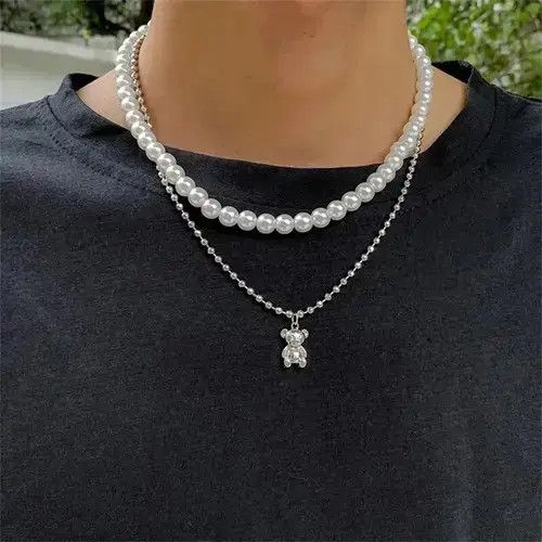 Chain x Jewelry Double Layer Pearl Bear Necklace Silver Necklace in Silver/White, Men's