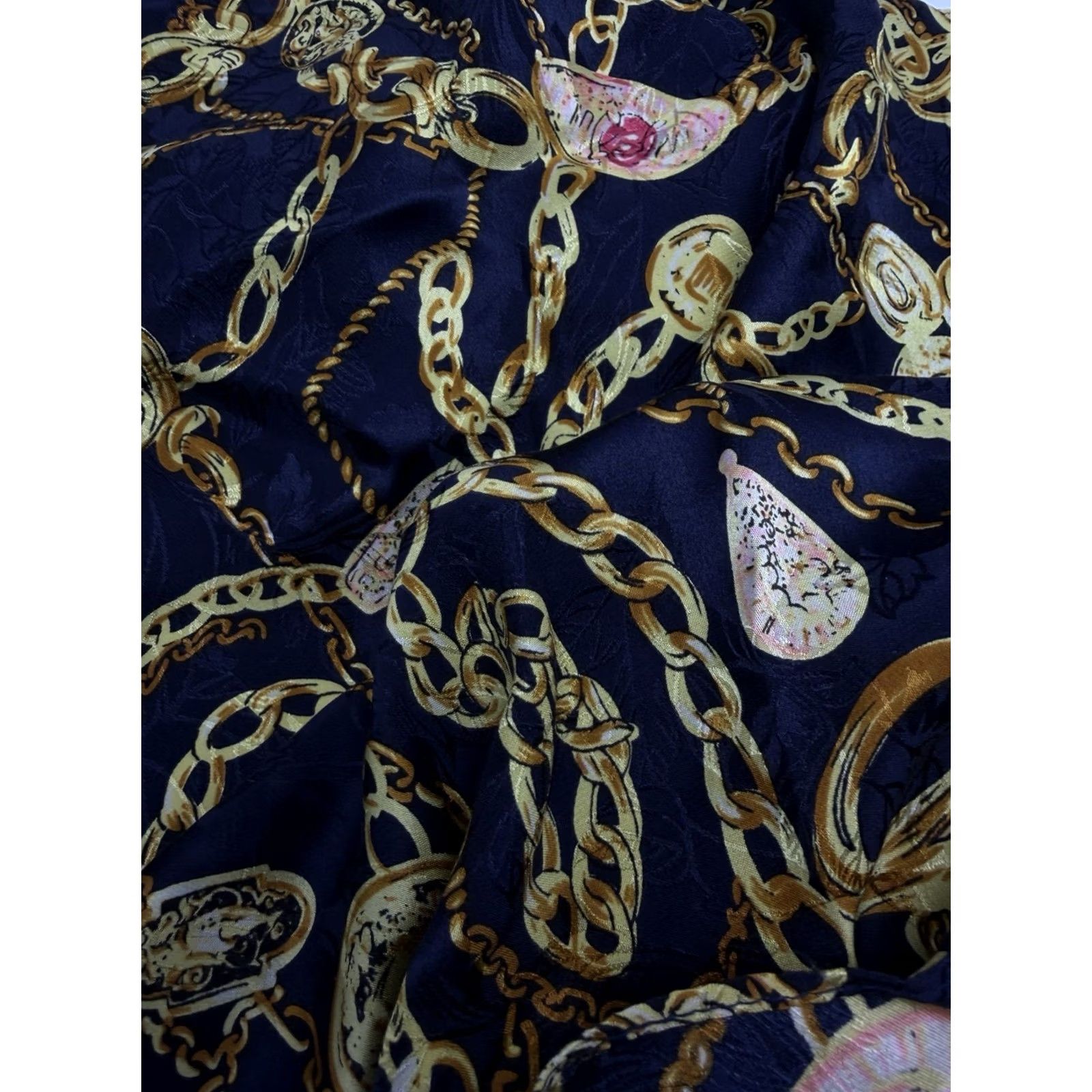 Vintage Vintage Diane Freis Silk Scarf Large Blue Yellow Chain Print Jewelry Motif Shawl Size ONE SIZE - 7 Thumbnail
