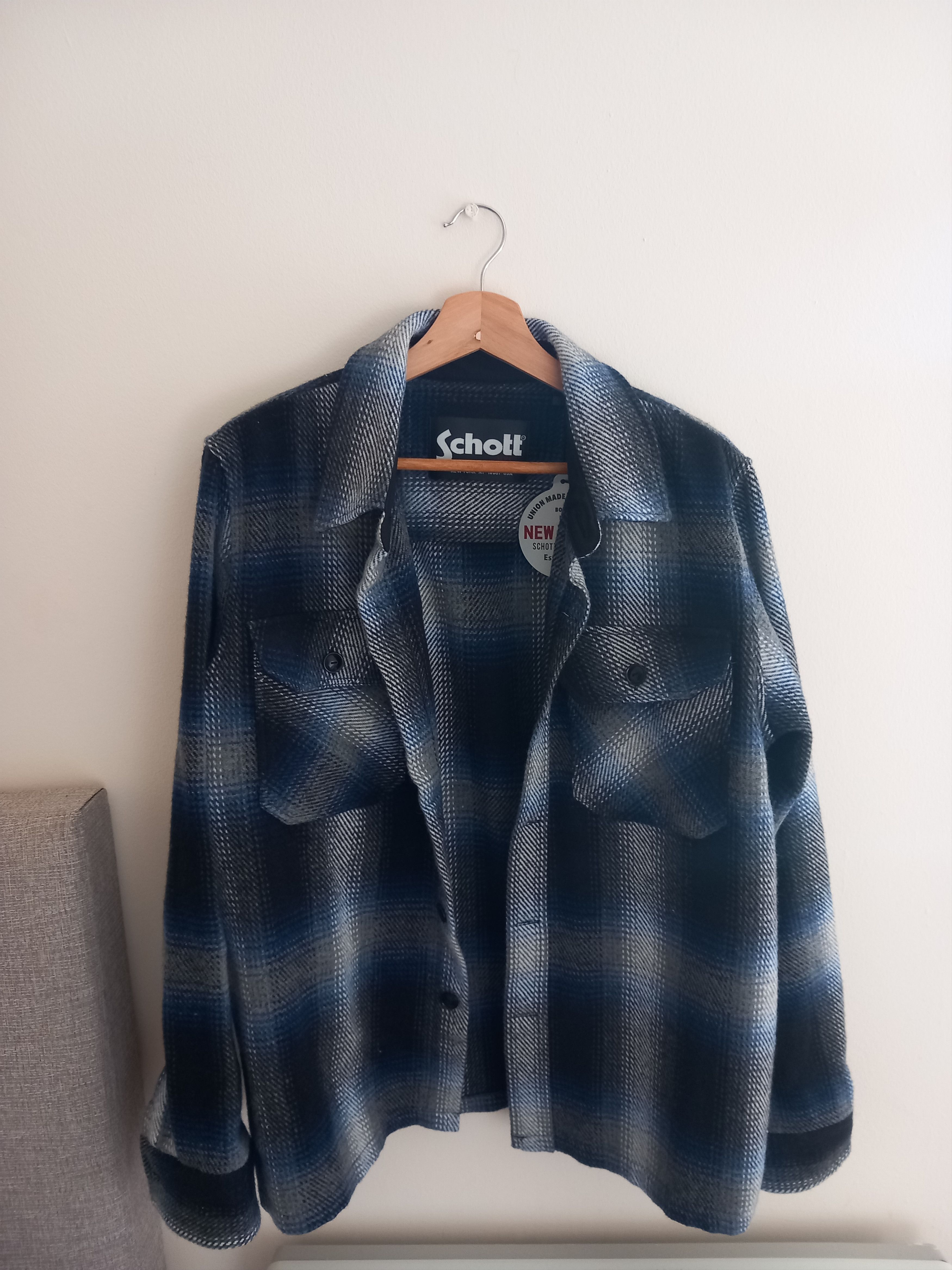 SCHOTT NYC BLUE CHECK WOOL BLEND SHIRT JACKET SIZE L