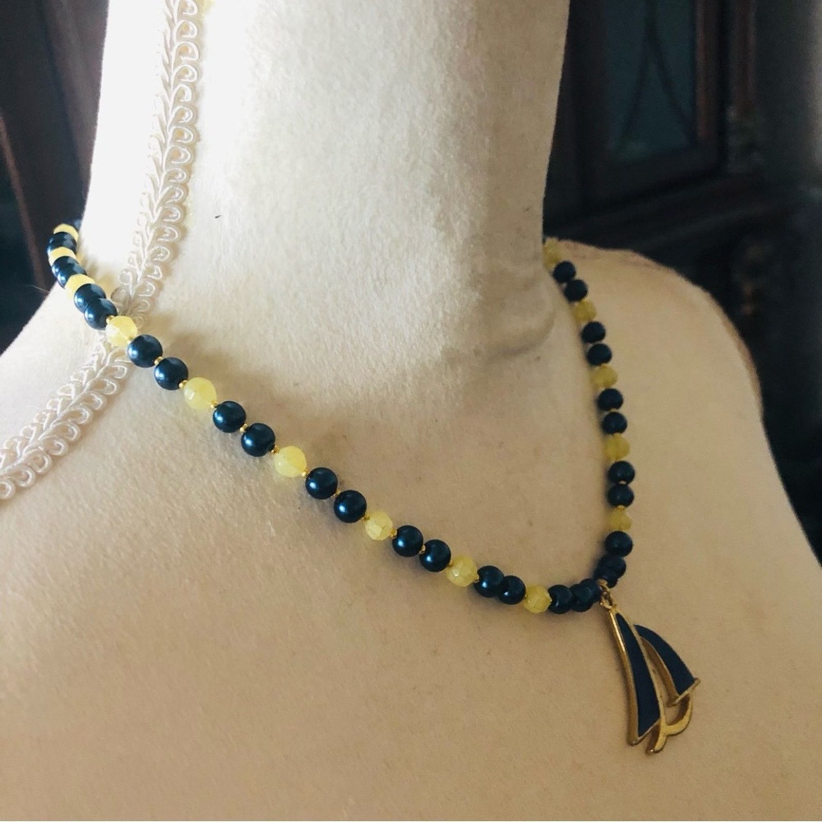 Handmade Handcrafted repurpose royal blue sailboat Pearl necklac Size ONE SIZE - 3 Thumbnail