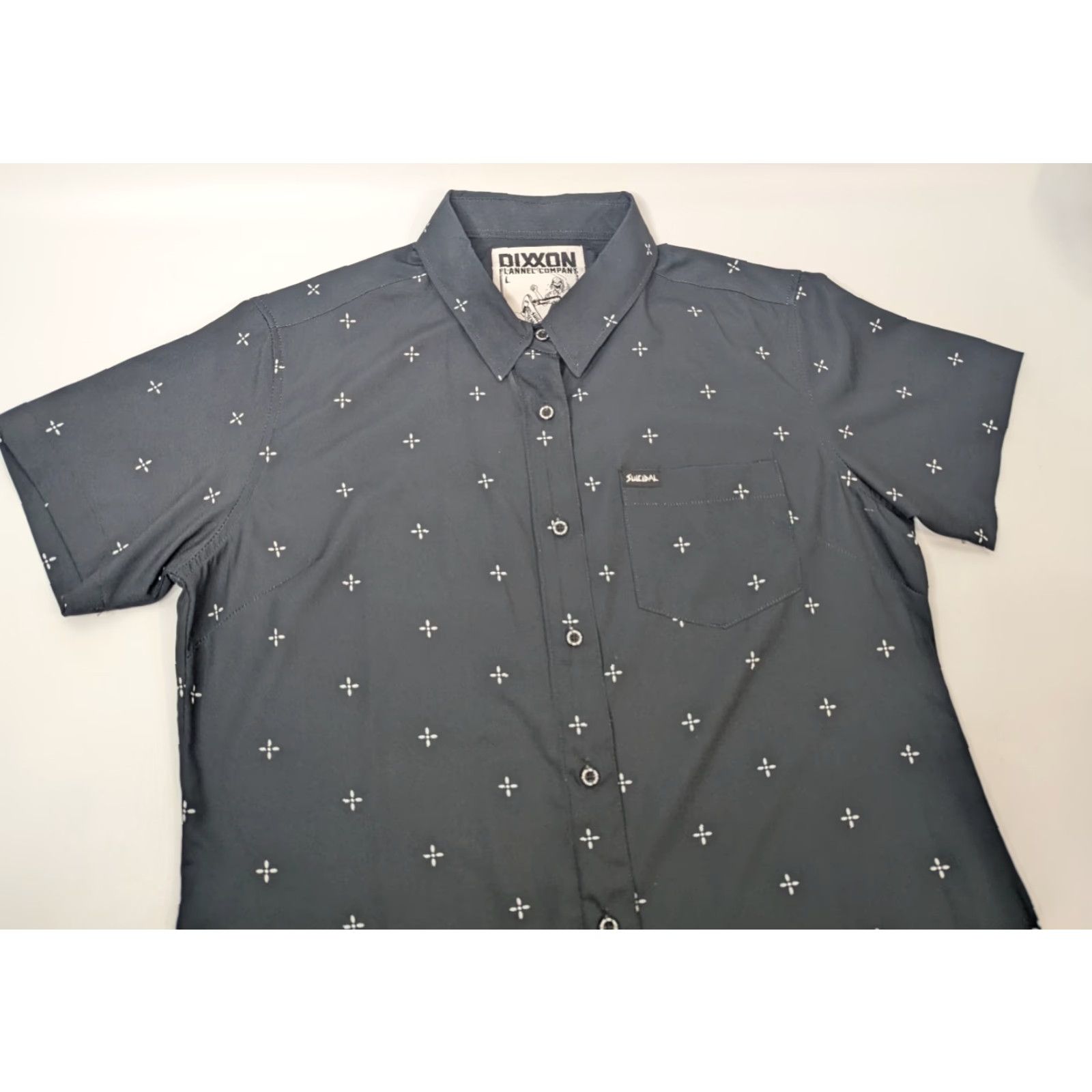 Vintage Dixxon Flannel Party AOP Shirt Womens Large Black Button-Up Plaid Collared Short Sleeve Punk Rock Motorcycle Metal Biker With Pockets Size L / US 10 / IT 46 - 2 Thumbnail