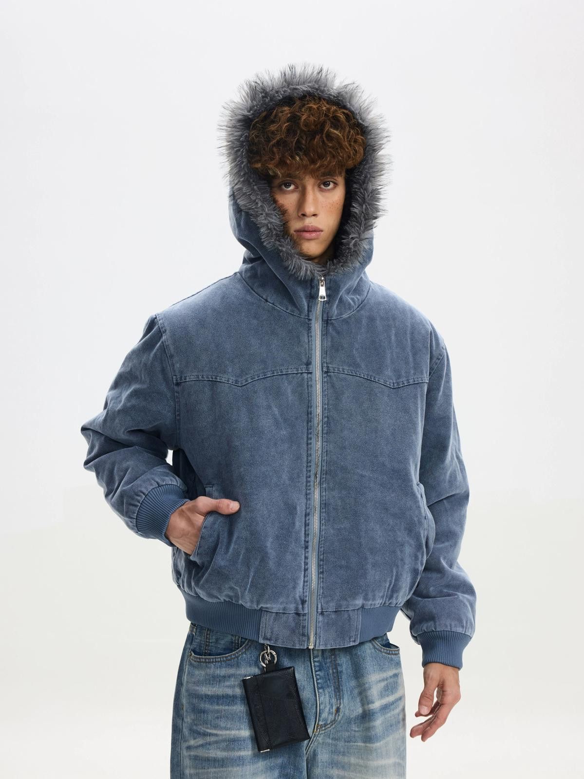 Vintage Blue Faux Fur Lined Bomber Jacket, Casual Menswear Outerwear Size US M / EU 48-50 / 2 - 3 Thumbnail