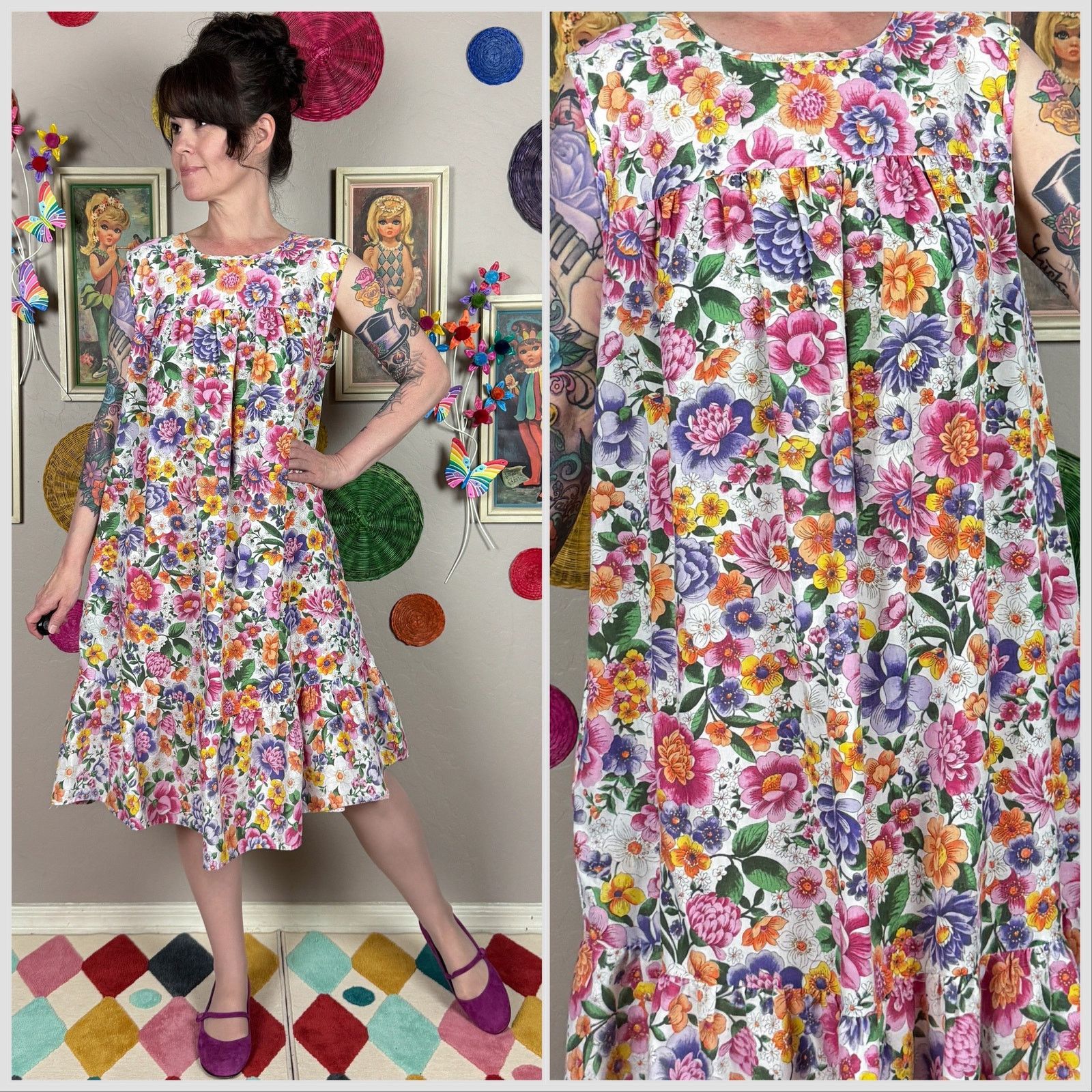 Vintage Vintage 1980s Spring Floral Sleeveless House Dress Size M / US 6-8 / IT 42-44 - 1 Thumbnail
