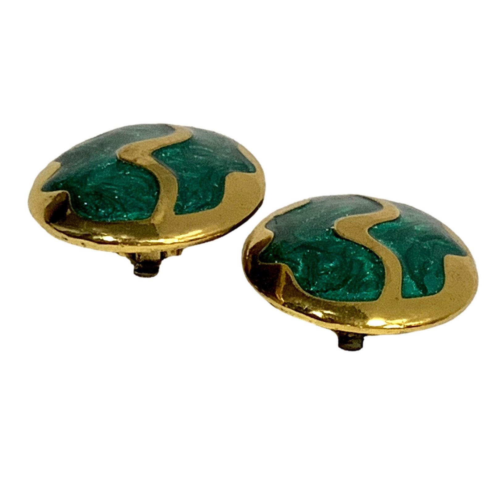 Jewelry × Vintage Vintage 80s Large Oval Gold & Green Enamel Swirl Earrings Size ONE SIZE - 5 Thumbnail