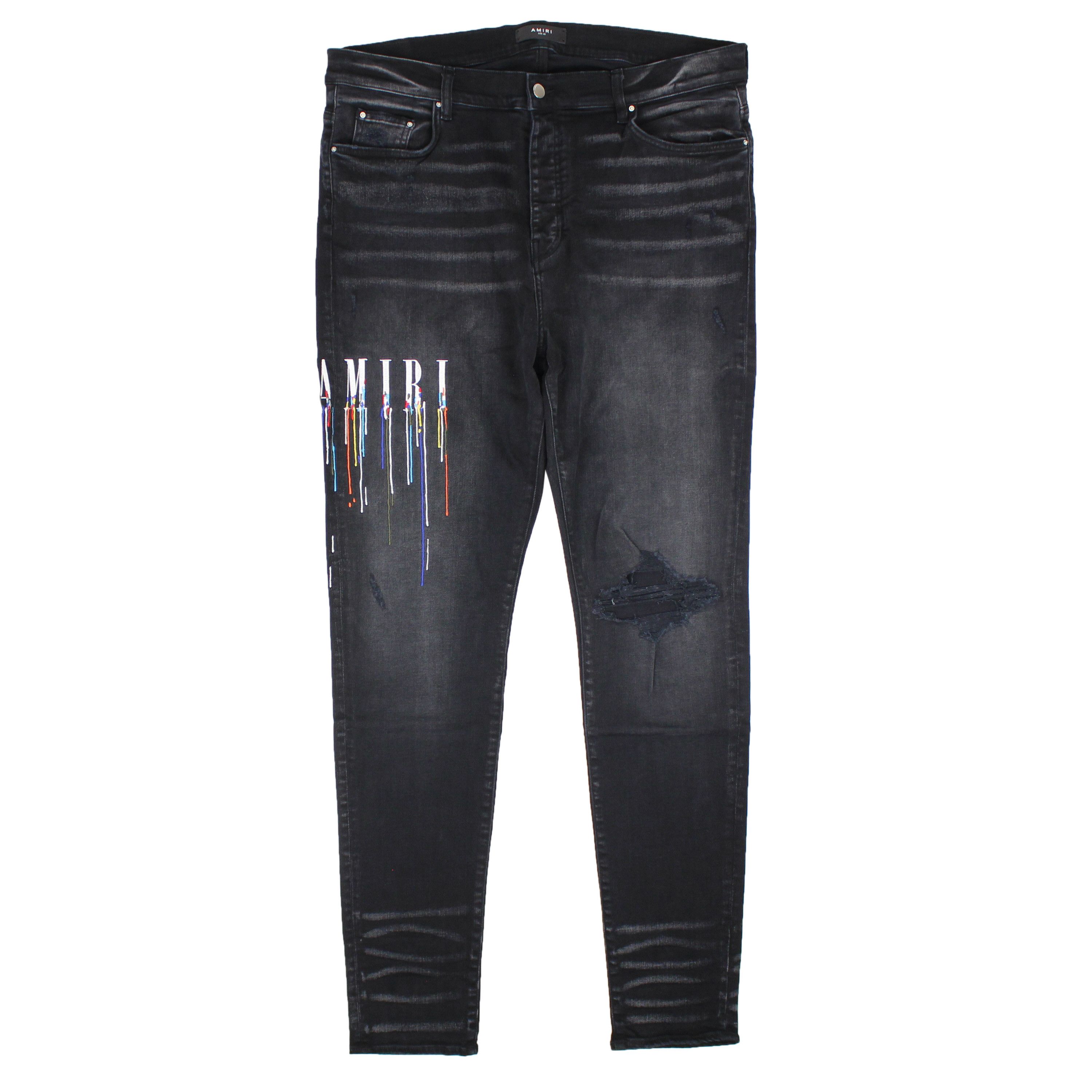 image of Amiri Paint Drip Logo Jean Aged Black Straight-Fit Jeans Size 36, Men's