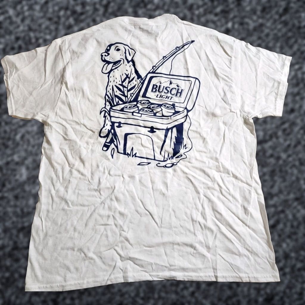 Gildan Gildan Mens XL Busch Light Beer Dog Fishing T Shirt Double-Sided White Crew Neck Short Sleeve Vintage: No (adjusted) Size US XL / EU 56 / 4 - 1 Thumbnail
