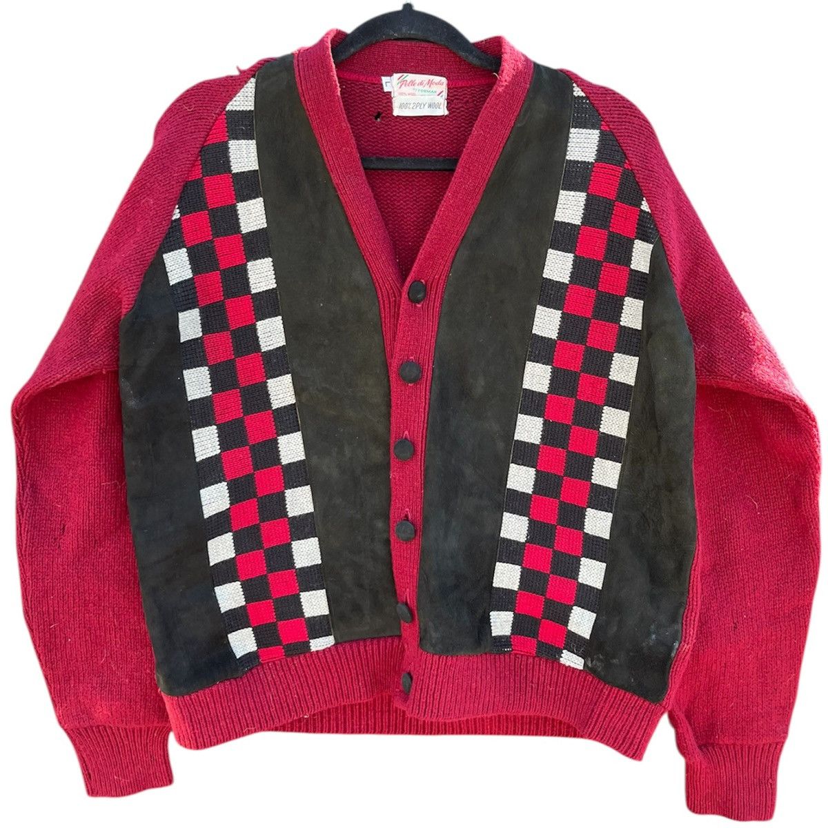 Vintage 1960’s Palle di Moda Vintage Wool Suede Checkered Cardigan Size US L / EU 52-54 / 3 - 1 Thumbnail