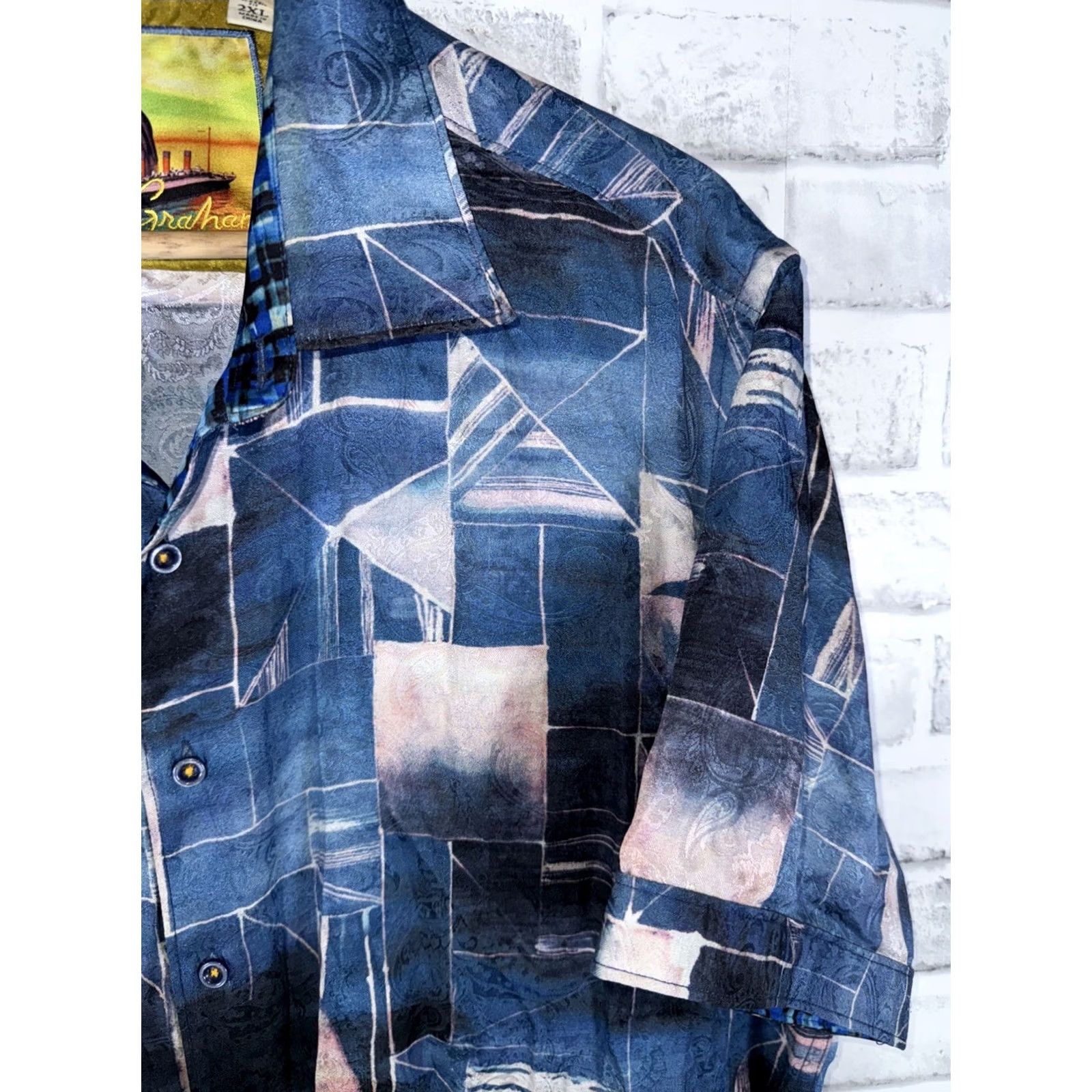 Robert Graham Robert Graham Silk Blend Geometric Print Button-Up Shirt Mens 2XL Short Sleeve Blue Classic Fit Size US XXL / EU 58 / 5 - 3 Thumbnail