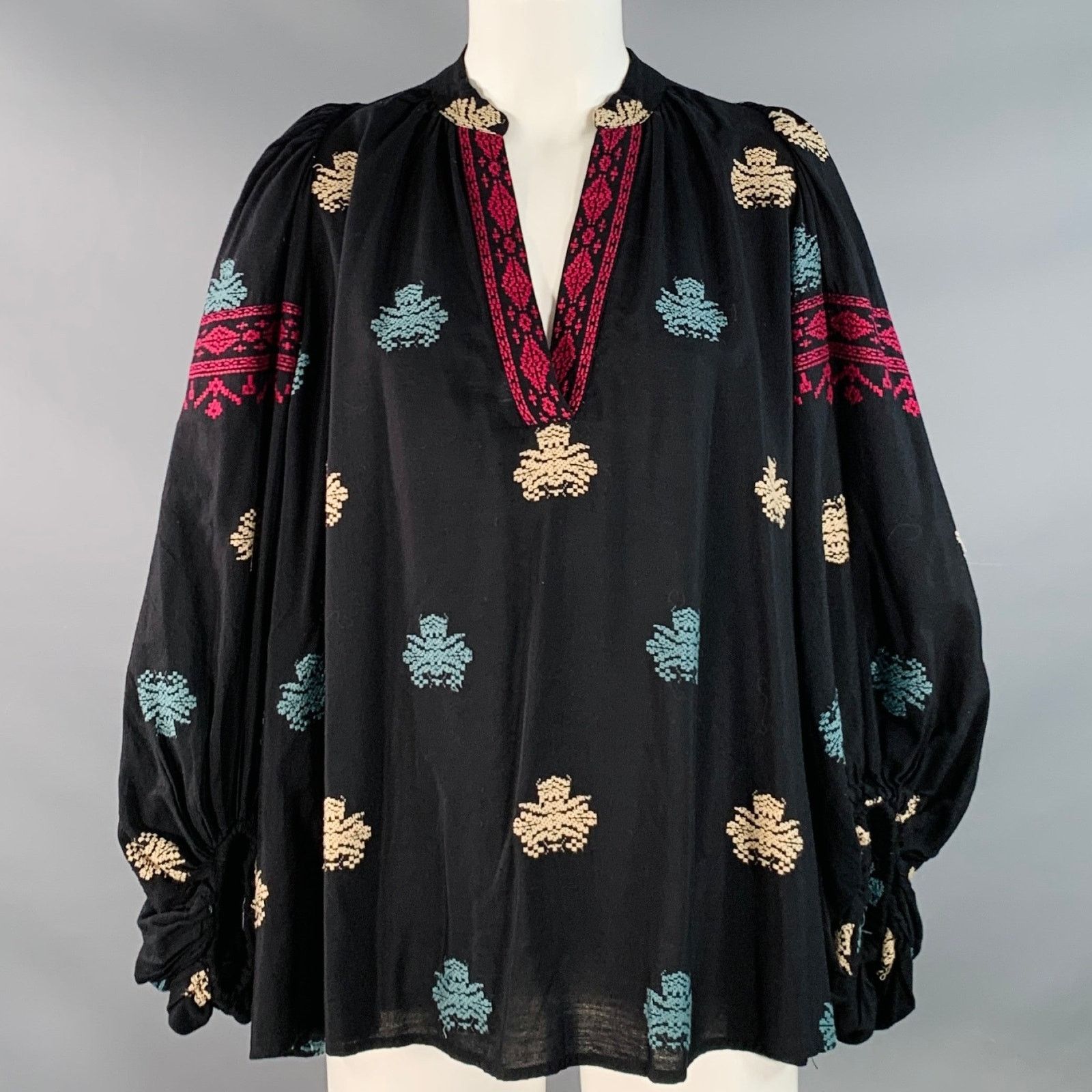 Vanessa Bruno Black Multi Color Cotton Embroidered V-Neck Tunic Blouse Size XS / US 0-2 / IT 36-38 - 1 Thumbnail