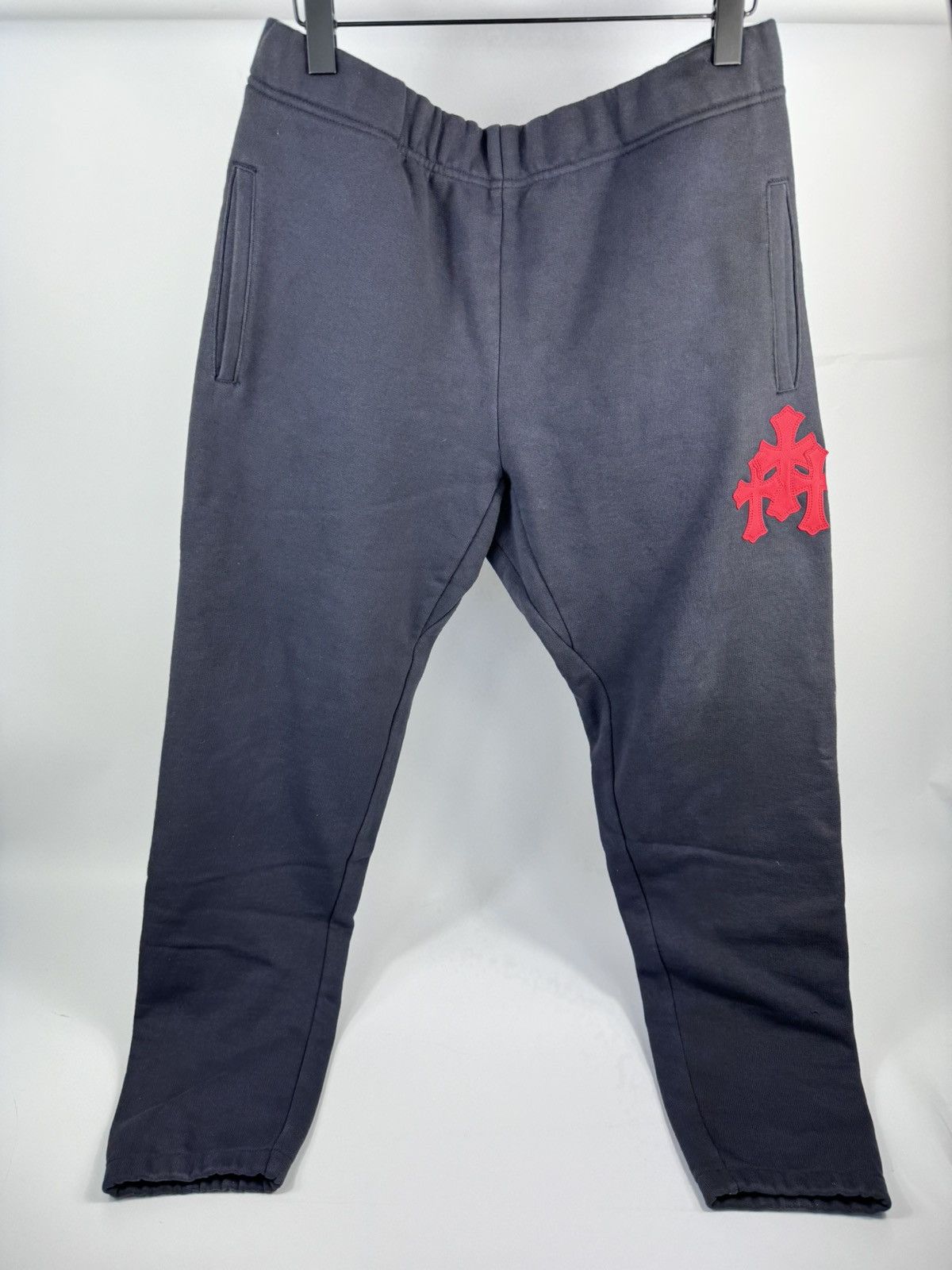 image of Chrome Hearts Red Cross Patch Work Sweat Pants in Navy, Men's (Size 34)