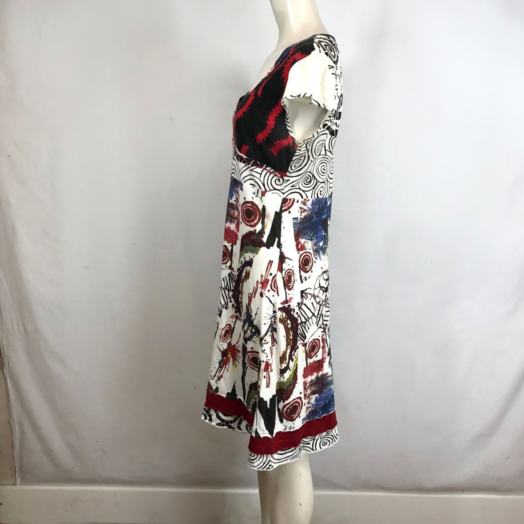 Vintage Kessley Women's Midi Dress V-Neck Cap Sleeve Abstract Print Geometric Art Sundress A-Line Small White Size L / US 10 / IT 46 - 6 Thumbnail