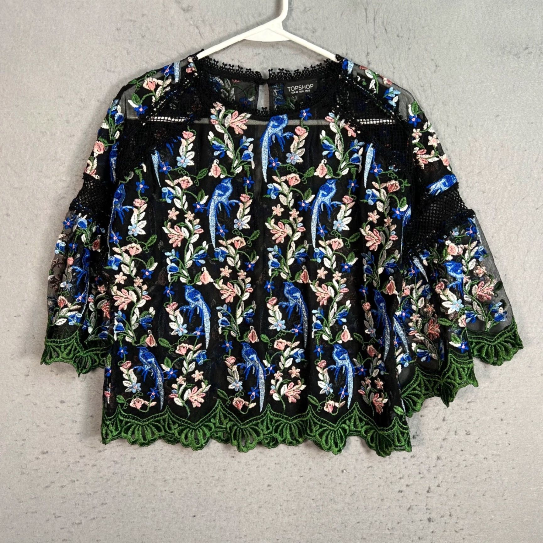 Topshop Topshop Women Blouse Size 8 Black Floral Embroidered W/ Lace Hem 3/4 Sleeves Sheer Size M / US 6-8 / IT 42-44 - 2 Thumbnail