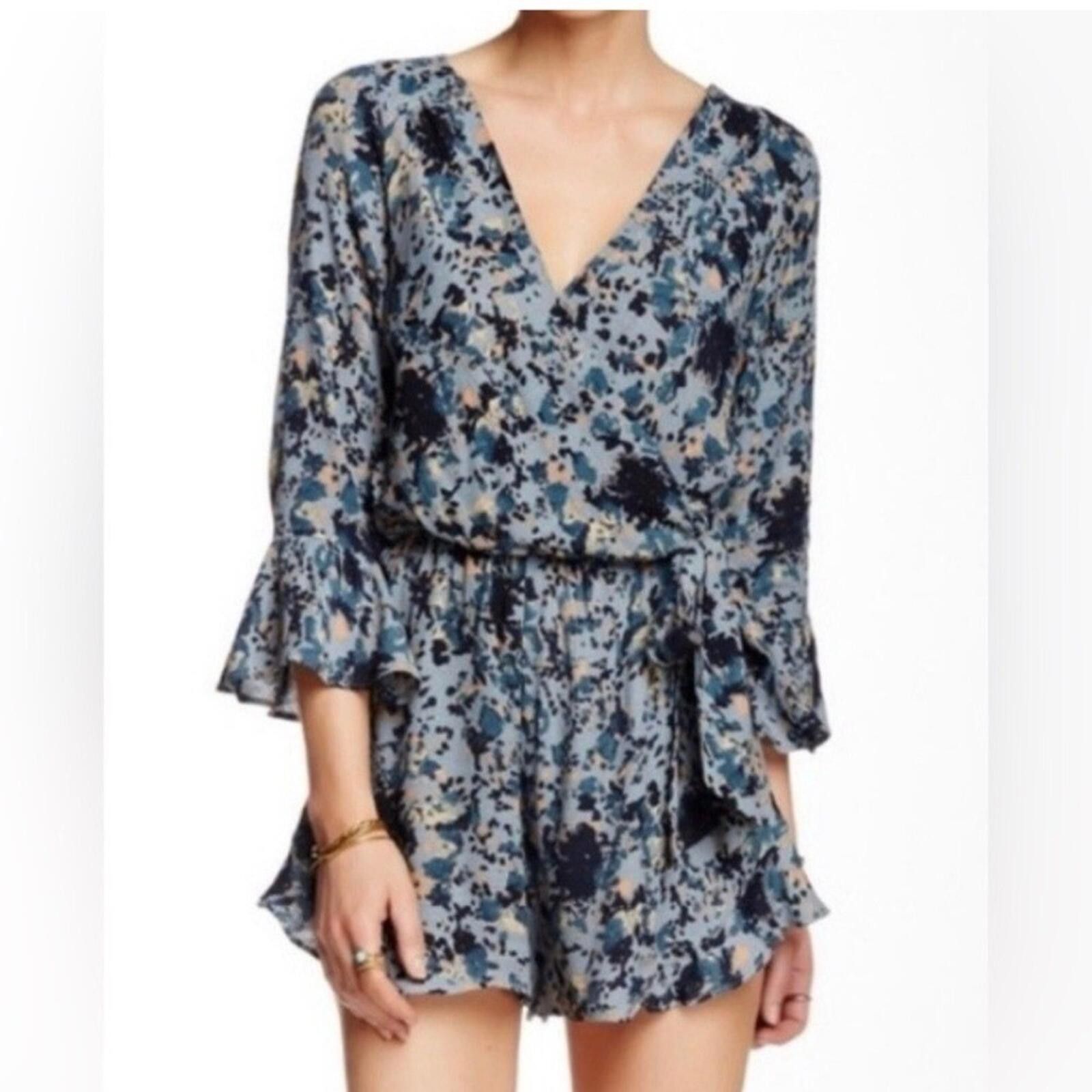 Free People Free People Floral Wrap Romper Boho Ruffle Tie Waist Blue S Size 28" / US 6 / IT 42 - 1 Thumbnail