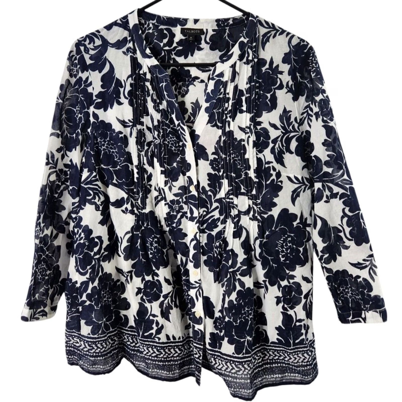 Talbots Talbots Womens M Floral Button-Up Shirt 3/4 Sleeve Top Blouse Blue White Size M / US 6-8 / IT 42-44 - 2 Thumbnail