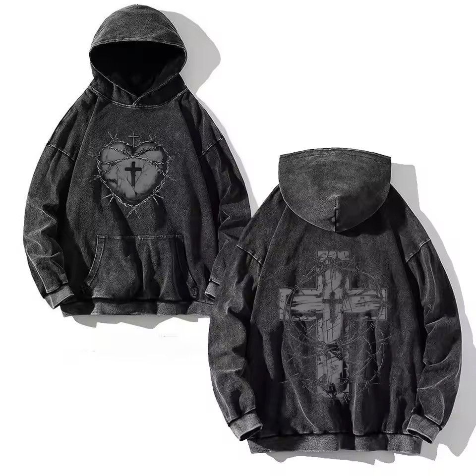 Japanese Brand Vintage Gothic Y2K Cross Print Washed Hoodies Size US M / EU 48-50 / 2 - 2 Thumbnail