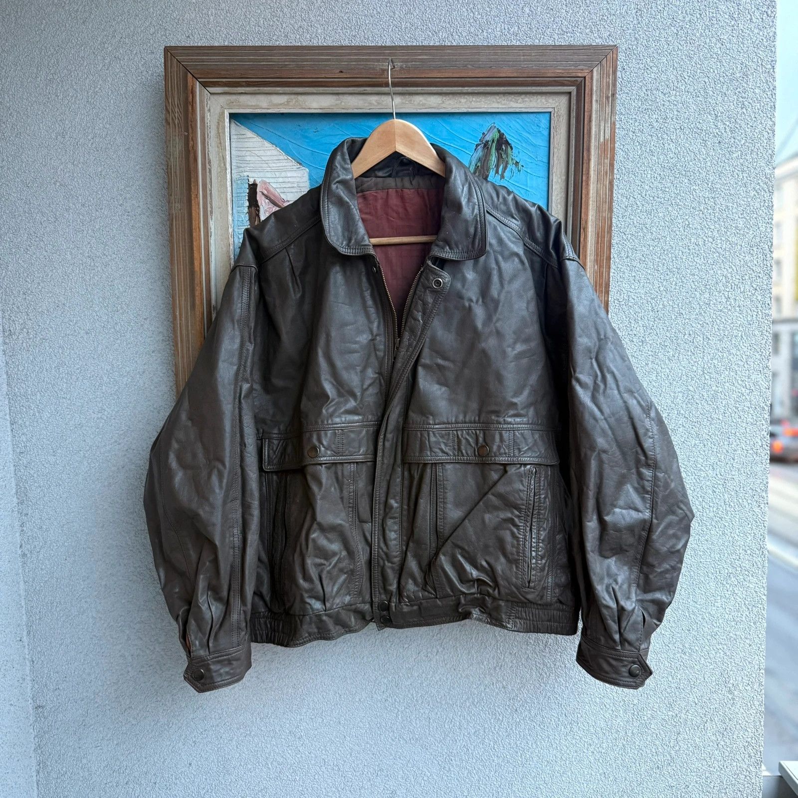 Vintage Vintage 90s Real Leather Boxy Jacket Brown Size US L / EU 52-54 / 3 - 1 Thumbnail
