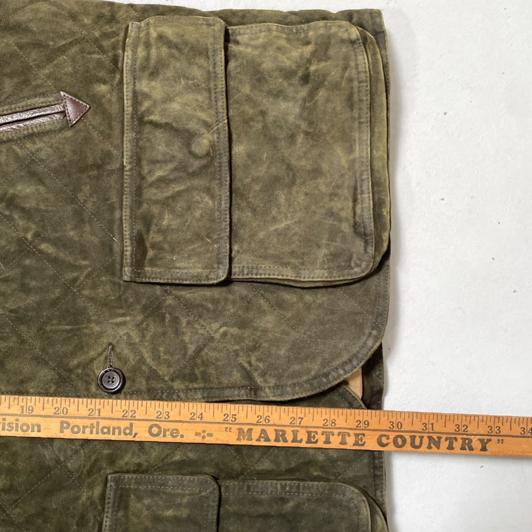 Polo Ralph Lauren VINTAGE Polo Ralph Lauren Quilted Suede Leather Outdoor Field Hunting Jacket L Mens Green 90s Americana Heritage Quilted Leather External Buttons Size US L / EU 52-54 / 3 - 5 Thumbnail