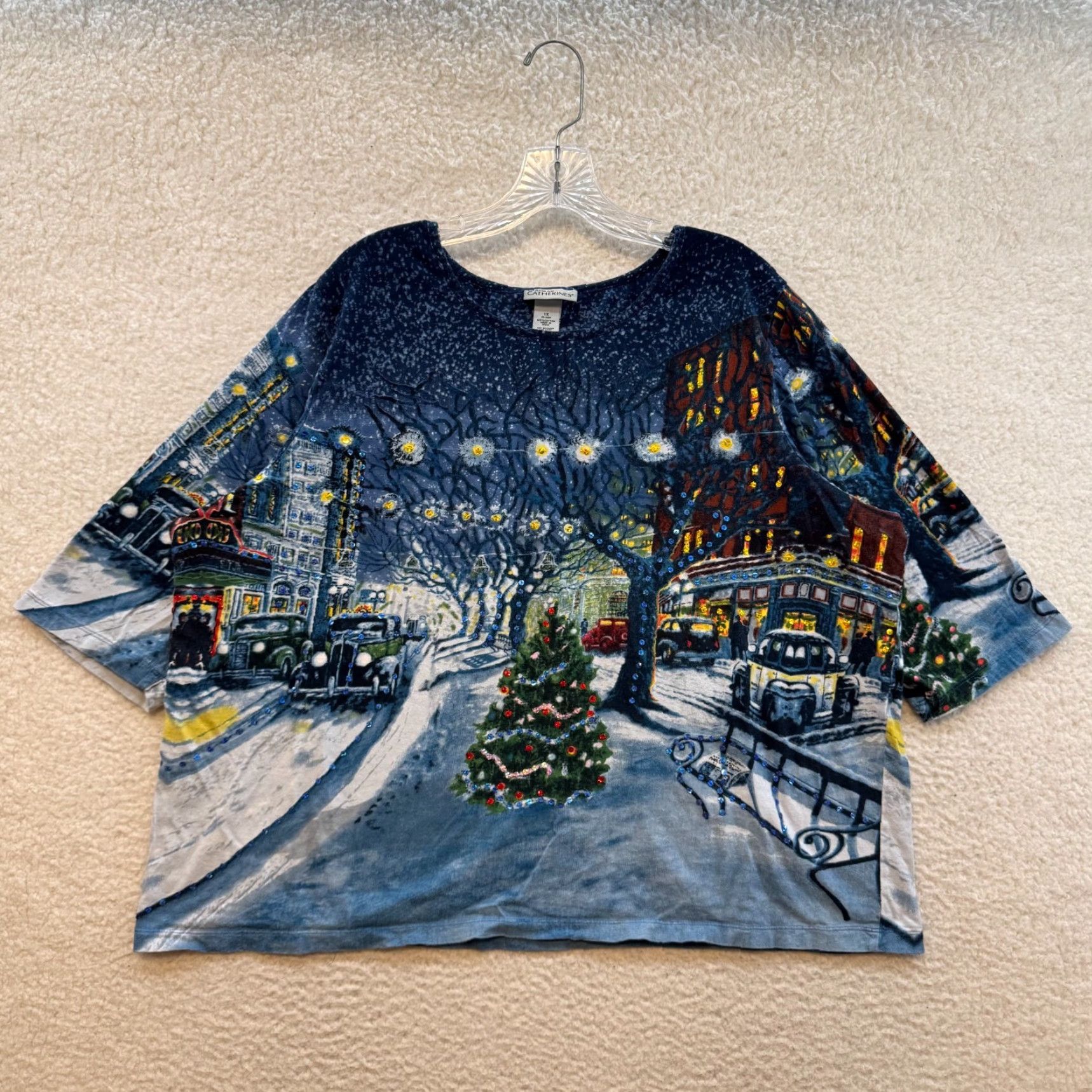 Vintage VINTAGE Y2K Christmas Tree Town Shirt 1X 1820 Blue Graphic Sequin All Over Print Shirt 1X Blue Mens Womens Boys Girls Size XL / US 12-14 / IT 48-50 - 2 Thumbnail